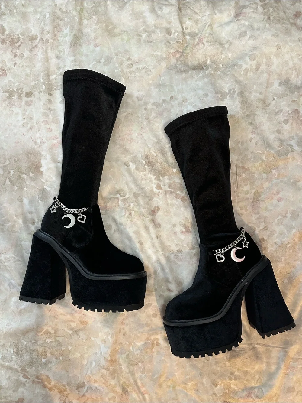 Dolls Kill Black Velvet Platform Knee-High Boots with Silver Charm Chain